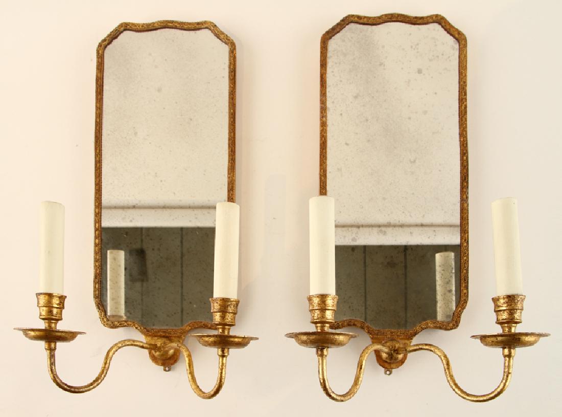 PAIR GILT METAL TWO LIGHT MIRRORED WALL SCONCES (1 of 4)