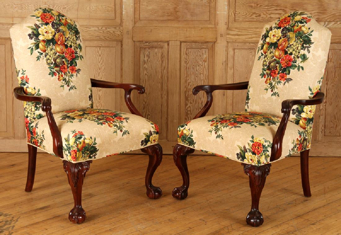 PAIR CHIPPENDALE STYLE UPHOLSTERED ARM CHAIRS (1 of 5)