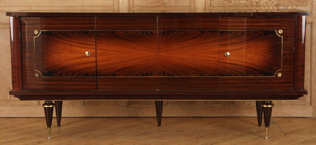 FRENCH MAHOGANY FOUR DOOR SIDEBOARD BRONZE MOUNTS: A French mahogany four door sideboard having tapered legs and bronze mounts. Ht: 87" Wd: 38" Dpth: 19.5"