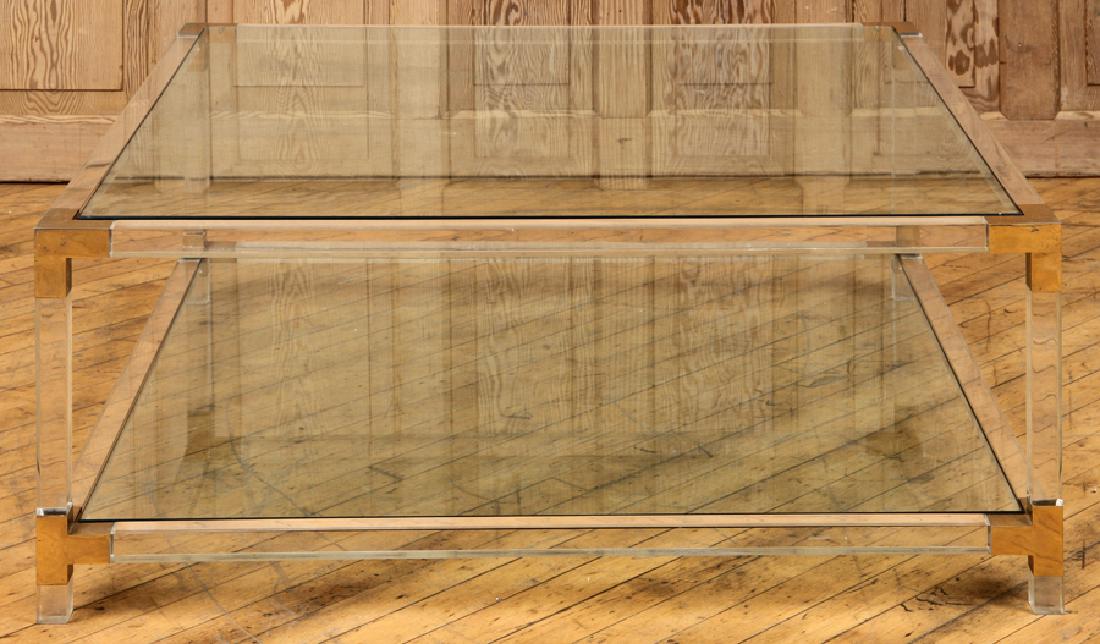 LUCITE BRASS GLASS TWO TIER COFFEE TABLE C.1970 (1 of 3)