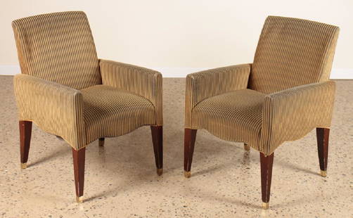 PAIR OLIVIER GAGNERE ROSEWOOD ARM CHAIRS: A pair of Olivier Gagnere arm chairs having striped upholstery and bronze trimmed tapered rosewood legs. Ht: 31.75" Wd: 21.5" Dpth: 25" Seat: 18"