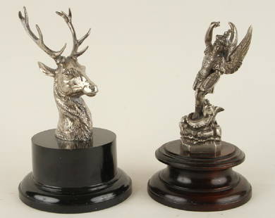 2 ART DECO AUTOMOBILE MASCOTS SIGNED 1920: A collection of two Art Deco automobile mascots including Maurice Frecourt circa 1920. To include a signed stag on plastic base measuring 8" overall, and an unsigned St. George mascot on wood base mea