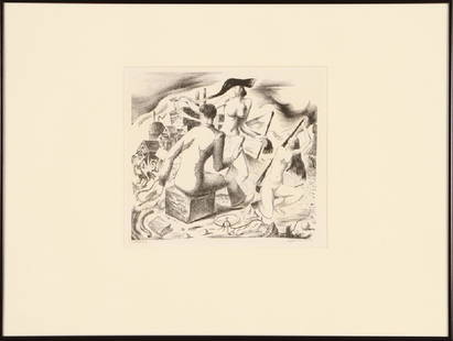 HUGHIE LEE-SMITH "ARTIST LIFE #2" LITHOGRAPH: Hughie Lee-Smith (American, 1915-1999) "Artist Life #2", lithograph, titled and signed lower right in pencil, circa 1939. Sight size: 9.5" x 10.75" Provenance: From the original collection of Richard