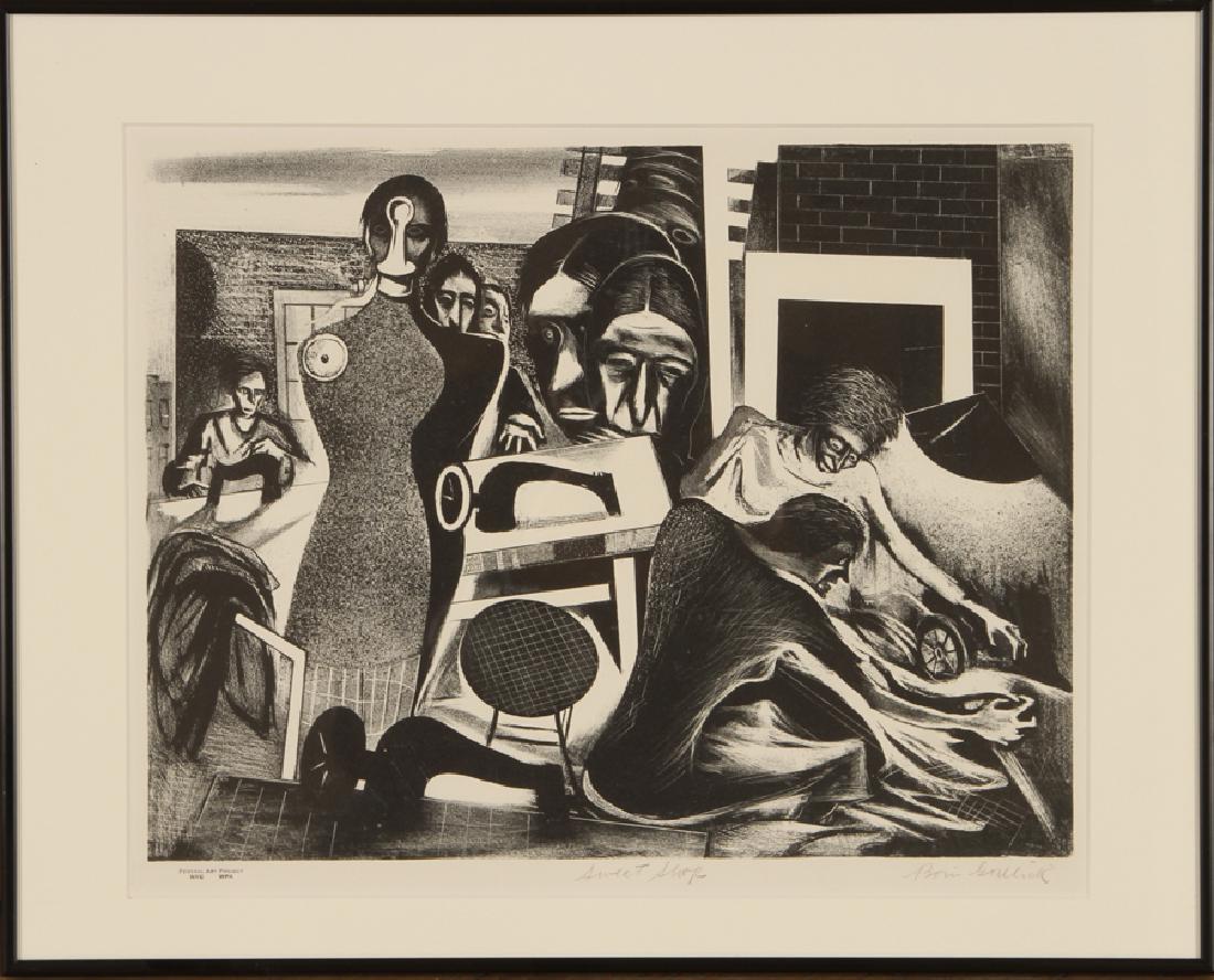 BORIS GORELICK "SWEAT SHOP" LITHOGRAPH SIGNED: Boris Gorelick (American, 1912-1984) "Sweat Shop", lithograph, edition of 25, titled and signed lower right in pencil circa 1936. Sight size: 12.75" x 16" Provenance: From the original collection of R