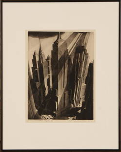 SAMUEL MARGOLIES "MANS CANYONS" ETCHING AQUATINT: Samuel Margolies (American, 1897-1974) "Man's Canyons", etching and aquatint, edition of 25, titled and signed. Sight size: 12.25" x 9.25" Titled and signed lower right in pencil, circa 1936. Provenan