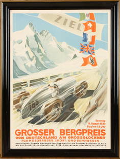 GROSSER BERGPREIS LITHOGRAPH GERMANY C.1939: Grosser Bergpreis, an original German automobile advertising poster, lithograph on paper, circa 1939, Klokien, Germany. Sight size: 32.5" x 24" Provenance: From the original collection of Richard and