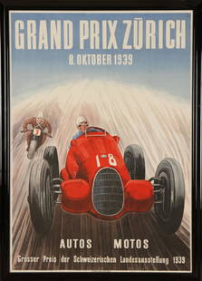 GRAND PRIX ZURICH OCTOBER 8, 1939 LITHOGRAPH: Grand Prix Zurich, October 8, 1939, an original French automobile advertising poster, lithograph. AD. Schneider, Art Institute Orell Fussli, Zurich Sight size: 50" x 35" Provenance: From the original