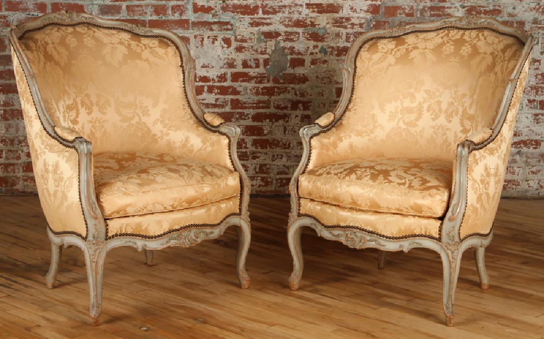 PAIR LATE 19TH C. PAINTED LOUIS XV STYLE BERGERES (1 of 6)