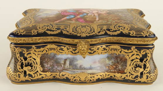 LATE 19TH C FRENCH SEVRES PORCELAIN CASKET MARKED: A late nineteenth century French Sevres porcelain casket, marked. Box of serpentine form with gilt metal mounts, hand painted panels to four sides and top. Interior of cover painted with eighteenth ce