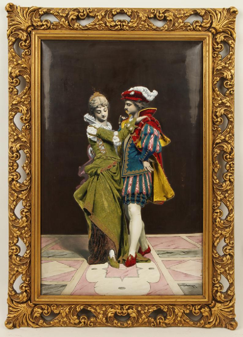 FRENCH ENAMELED CONVEX FORM PLAQUE SIGNED C.1900: A monumental French enameled convex form plaque depicting two royal dancers, signed lower right T. Leroy circa 1900. Plaque size: 28" x 18" Ht: 34.5" Wd: 25" (framed)