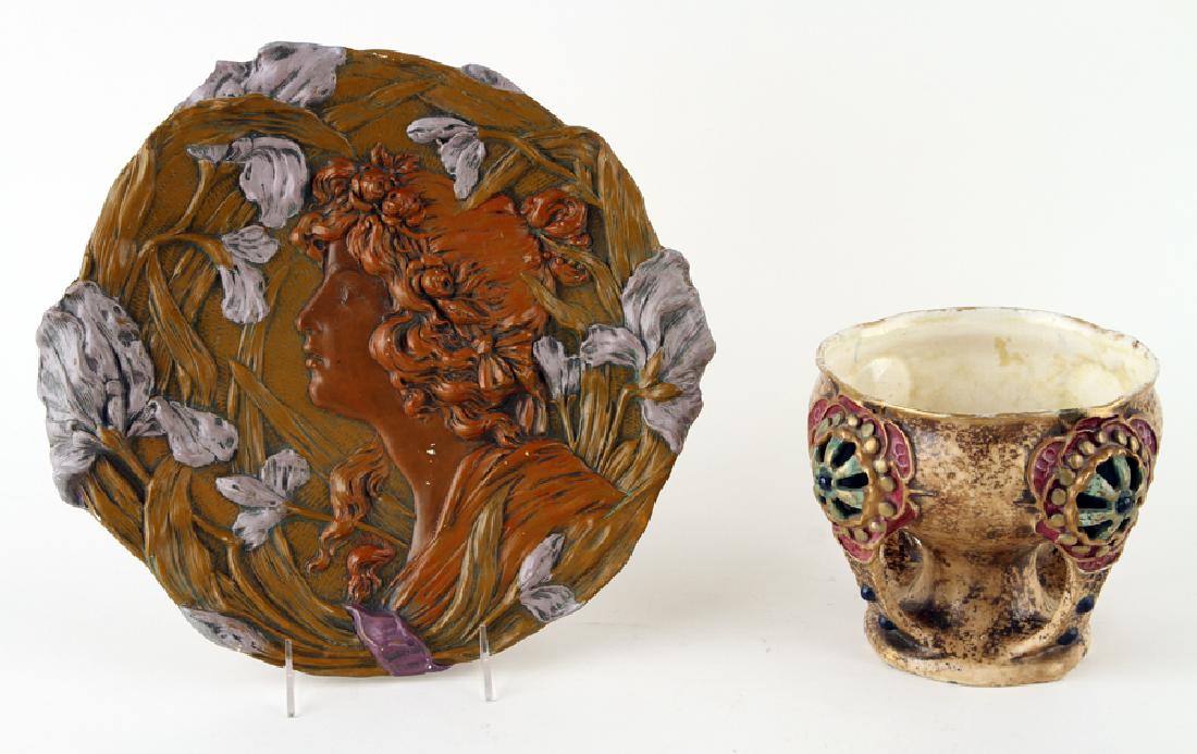 ERNST WAHLISS AMPHORA PLAQUE AND VASE MARKED: Ernst Wahliss (Austrian, 1836-1900) Two Art Nouveau Amphora articles including a plaque and a vase, both marked. Marked Riessner, Stellmacher and Kessel The plaque depicting a female figure with irise