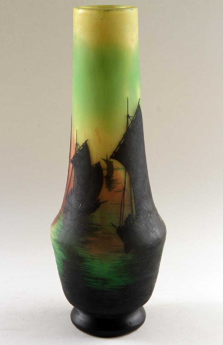 ART NOUVEAU DAUM ART GLASS VASE MARKED: An Art Nouveau Daum art glass vase having sailing boat motif and marked to body. Ht: 20.5"