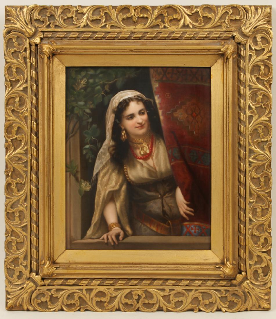 19TH C. HAND PAINTED KPM PORCELAIN PLAQUE WOMAN: A nineteenth century hand painted KPM porcelain plaque depicting an elegantly dressed woman peering through window. Impressed KPM marks en verso. Plaque size: 12.5" x 10" Ht: 19.75" Wd: 17.25" (framed