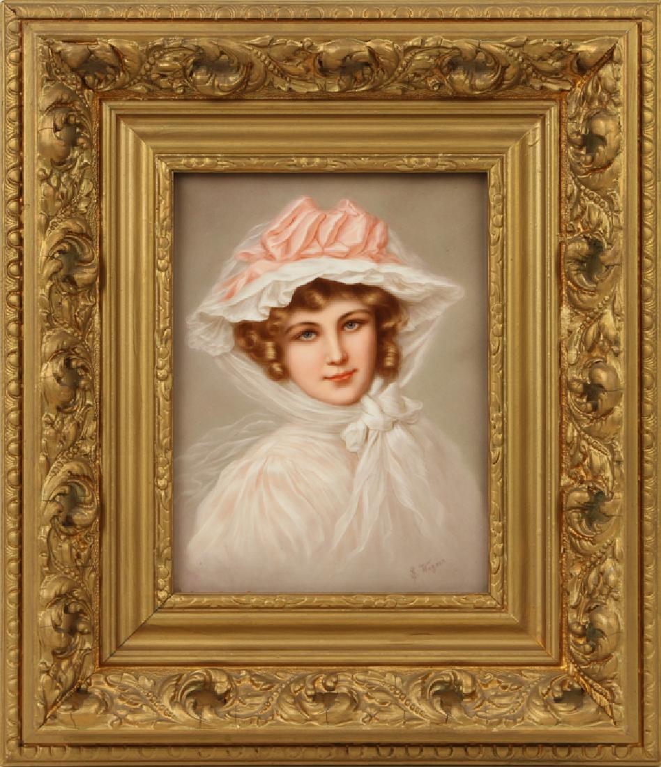 SIGNED HAND PAINTED KPM PORCELAIN PLAQUE C.1900: A signed hand painted KPM porcelain plaque titled "Ellida with Bonnet", signed lower right S. Wagner circa 1900. Plaque size: 11" x 9.5" Ht: 17.5" Wd: 15" (framed)