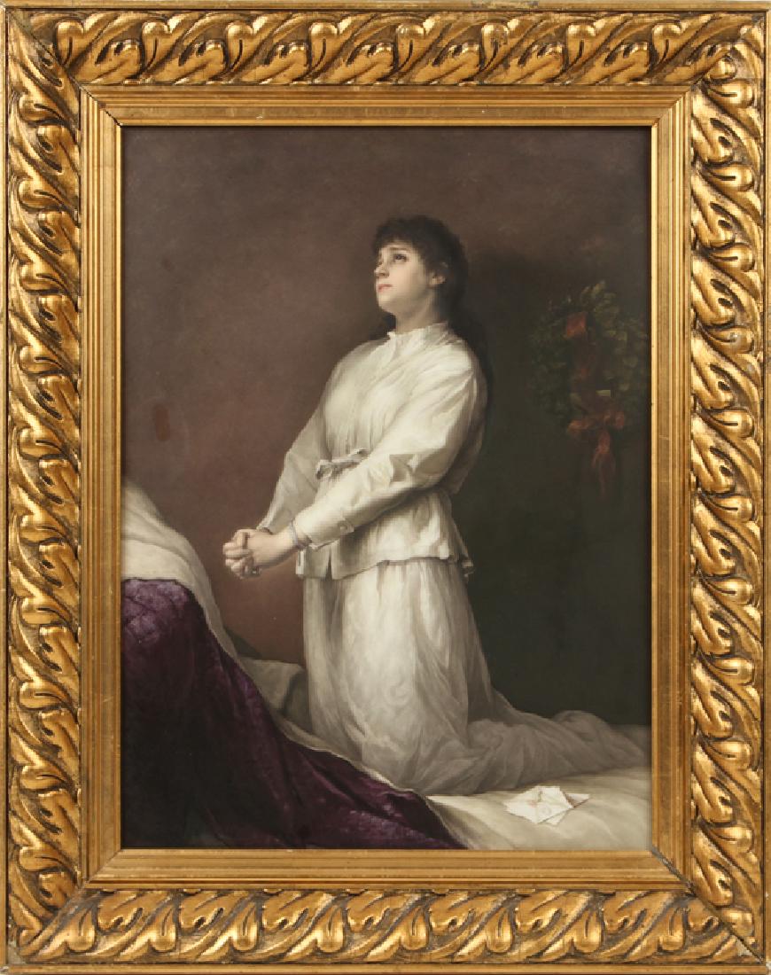 19TH C. PAINTED KPM PORCELAIN PLAQUE "THE LETTER": A nineteenth century hand painted KPM porcelain plaque titled "The Letter", depicting a woman kneeling in prayer. Having impressed KPM marks en verso. Plaque size: 16.5" x 12.5" Ht: 21.5" Wd: 17.5" (f