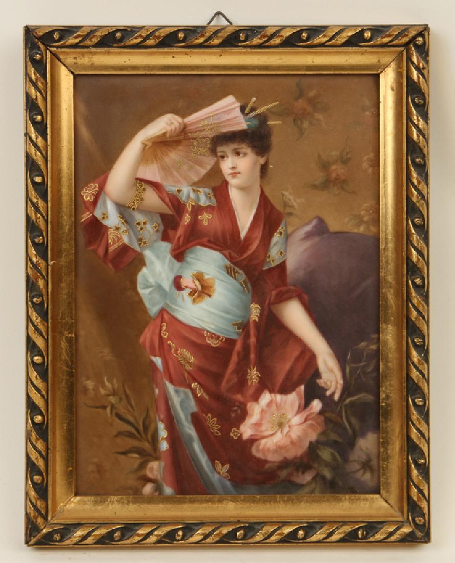 19TH C. HAND PAINTED KPM PORCELAIN PLAQUE GEISHA: A nineteenth century hand painted KPM porcelain plaque depicting a European geisha, impressed KPM marks en verso. Plaque size: 9.25" x 6.25" Ht: 10.5" Wd: 8.5" (framed)