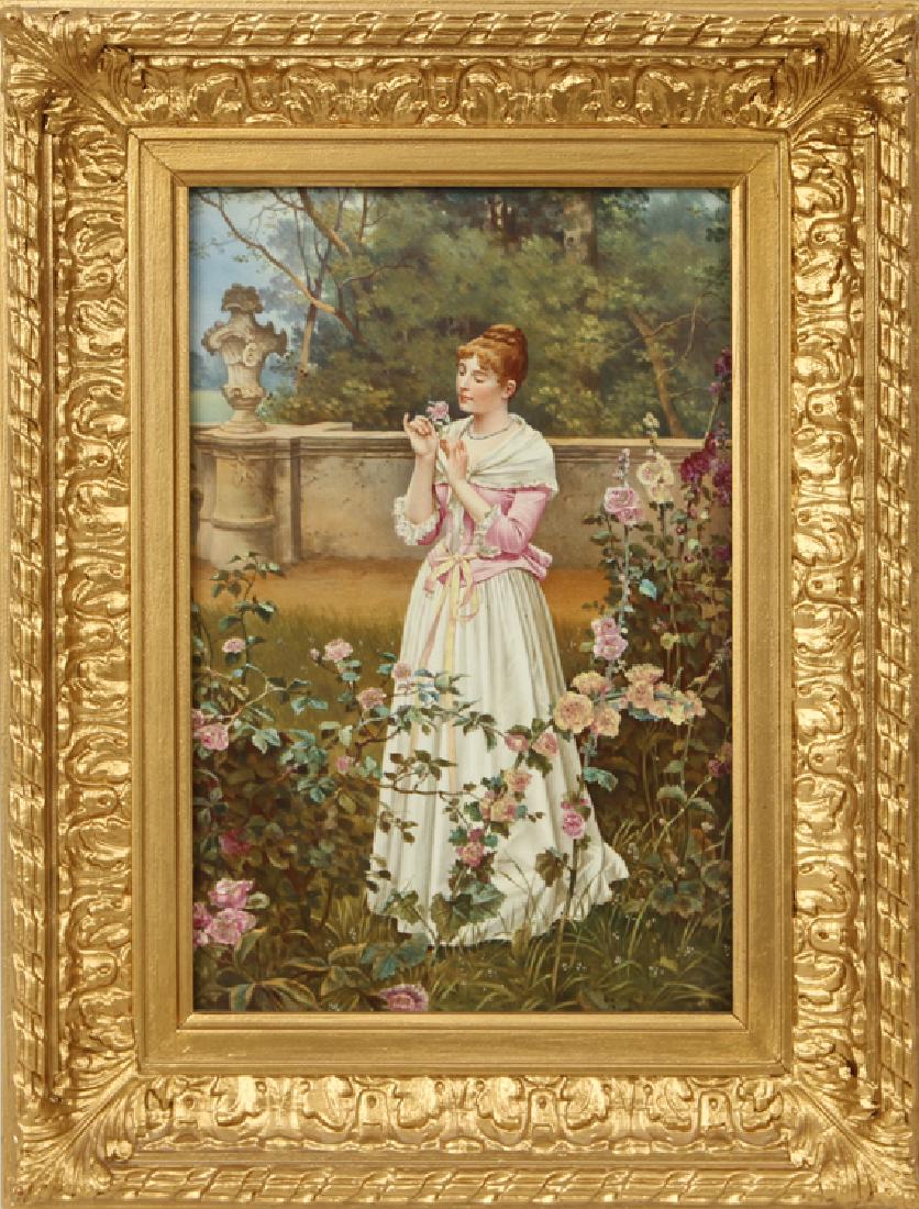 KPM PORCELAIN PLAQUE EYES OF FLOWERS EYES OF LOVE: An early twentieth century KPM hand painted porcelain plaque titled "Eyes of Flowers, Eyes of Love" after Wilhelm Menzler (German, 1846-1926). Plaque size: 12" x 8" Ht: 16.5" Wd: 12.75" (framed)