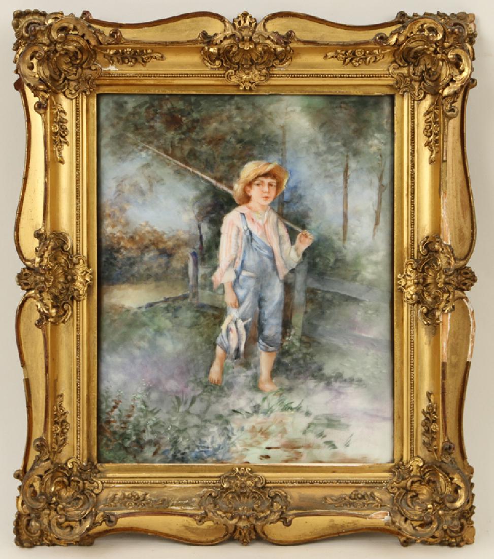 KPM PLAQUE BOY RETURNING WITH HIS CATCH C.1900: A hand painted KPM porcelain plaque titled "Boy Returning with his Catch" circa 1900, unsigned. Plaque size: 10.5" x 8.5" Ht: 14.75" Wd: 12.75" (framed)