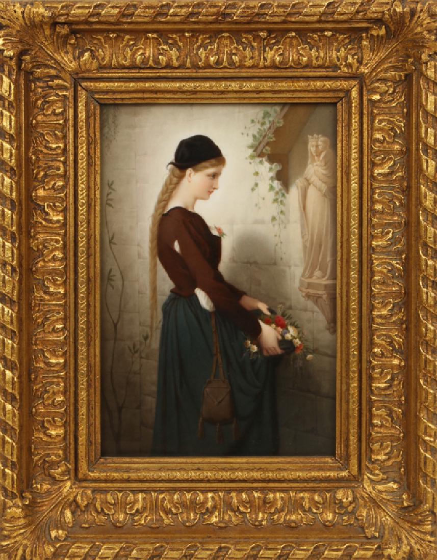 19TH C. KPM PLAQUE JESUS AND MARY AFTER BERTRAND: A nineteenth century hand painted KPM porcelain plaque depicting Marguerite offering flowers to the shrine of the Virgin Mary and Jesus Christ. After the original painting by Jean-Baptiste Bertrand. I