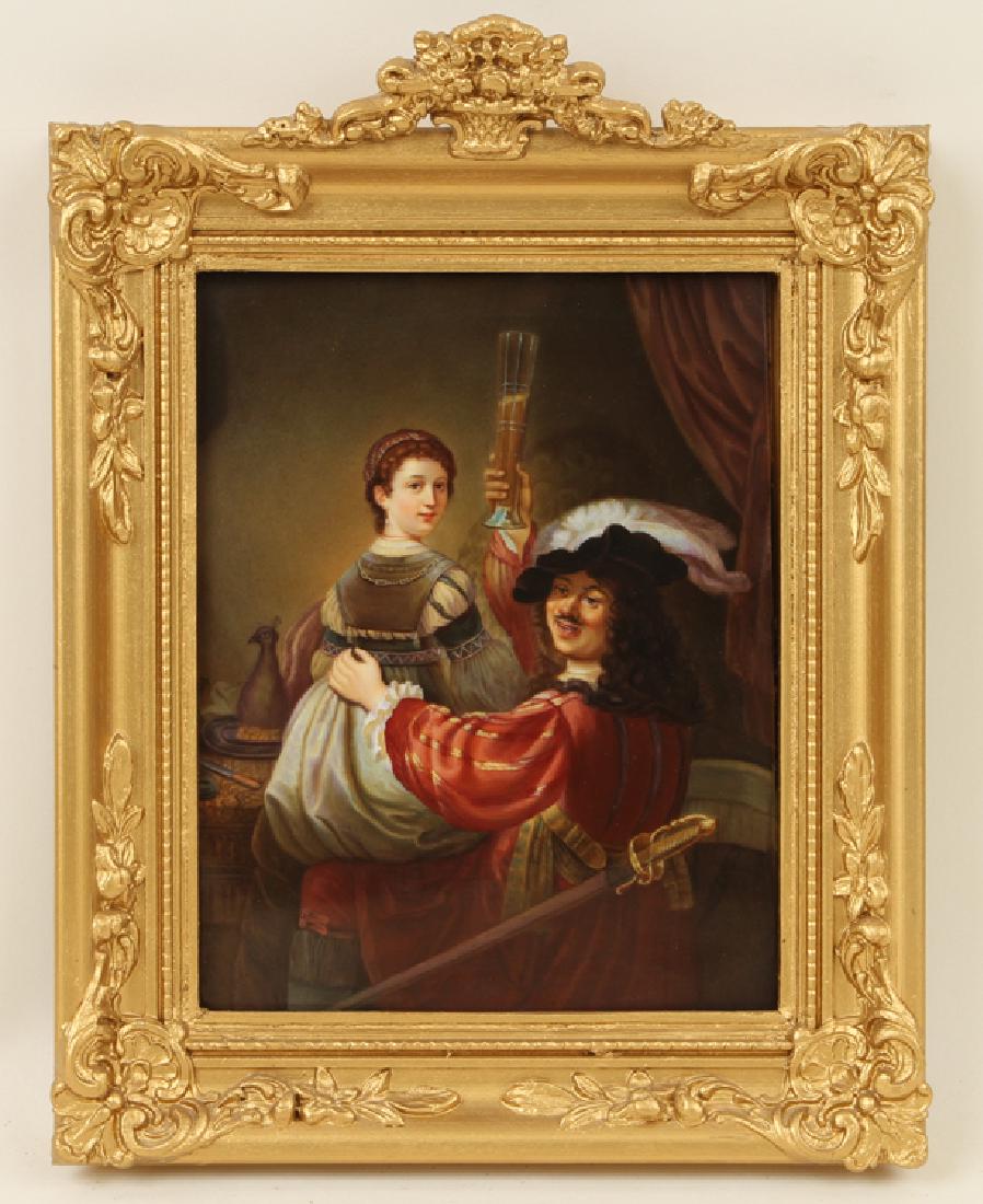 19TH C. HAND PAINTED KPM PORCELAIN PLAQUE: A nineteenth century hand painted KPM porcelain plaque depicting a woman seated on a nobleman's lap. Plaque size: 9.5" x 7.5" Ht: 14" Wd: 10.75" (framed)