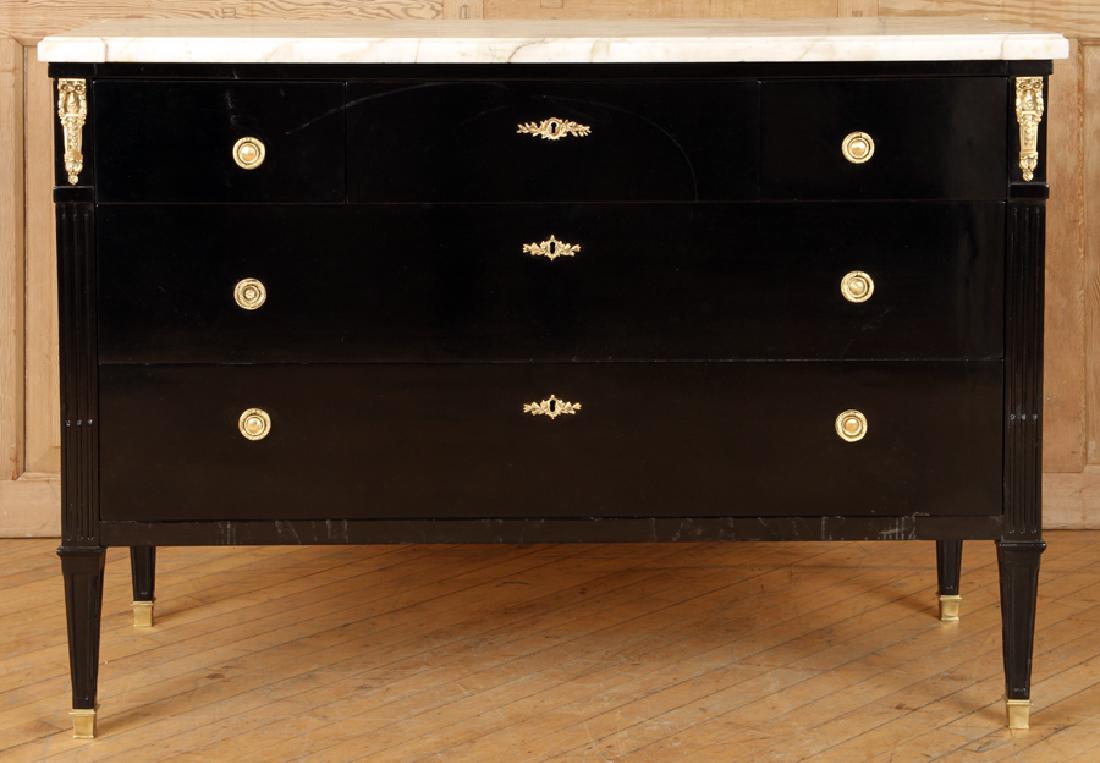 EBONIZED LOUIS XVI COMMODE MARBLE TOP 1940: An ebonized Louis XVI style commode having a marble top, three small drawers over two large drawers and bronze mounts circa 1940. Ht: 35" Wd: 50" Dpth: 20.5"