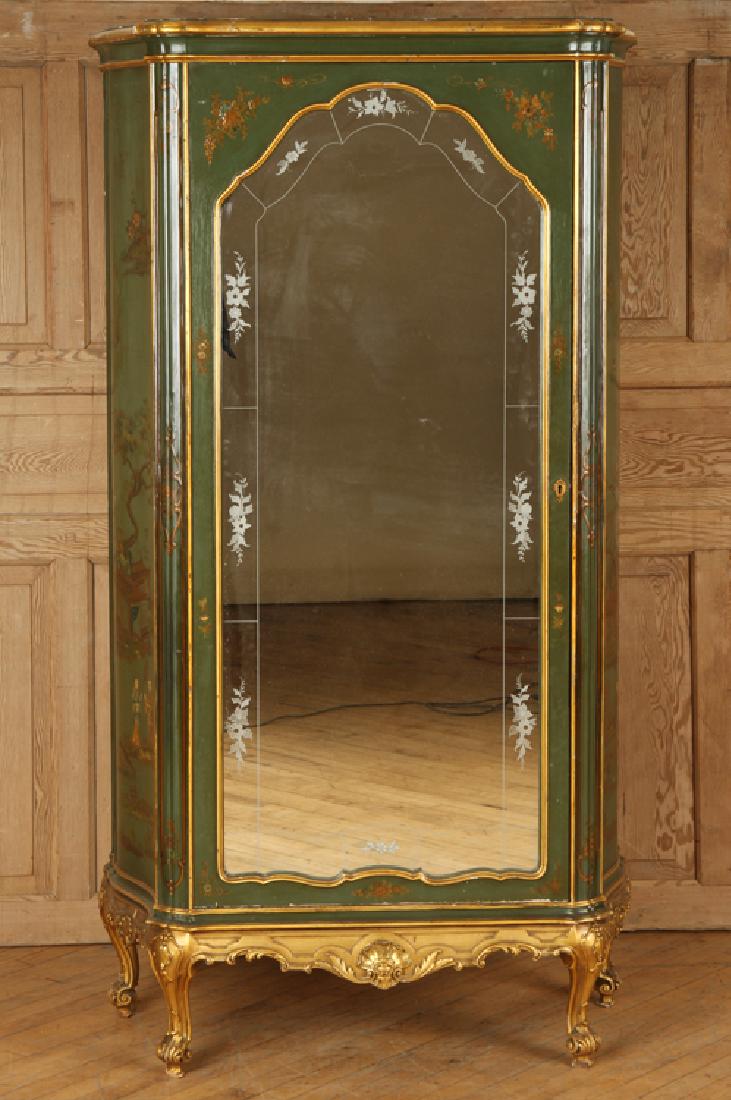 ITALIAN PAINTED GILT ARMOIRE ETCHED GLASS DOOR: An Italian painted and gilt armoire having etched glass door and chinoiserie decoration. Ht: 75.5" Wd: 41.5" Dpth: 18"