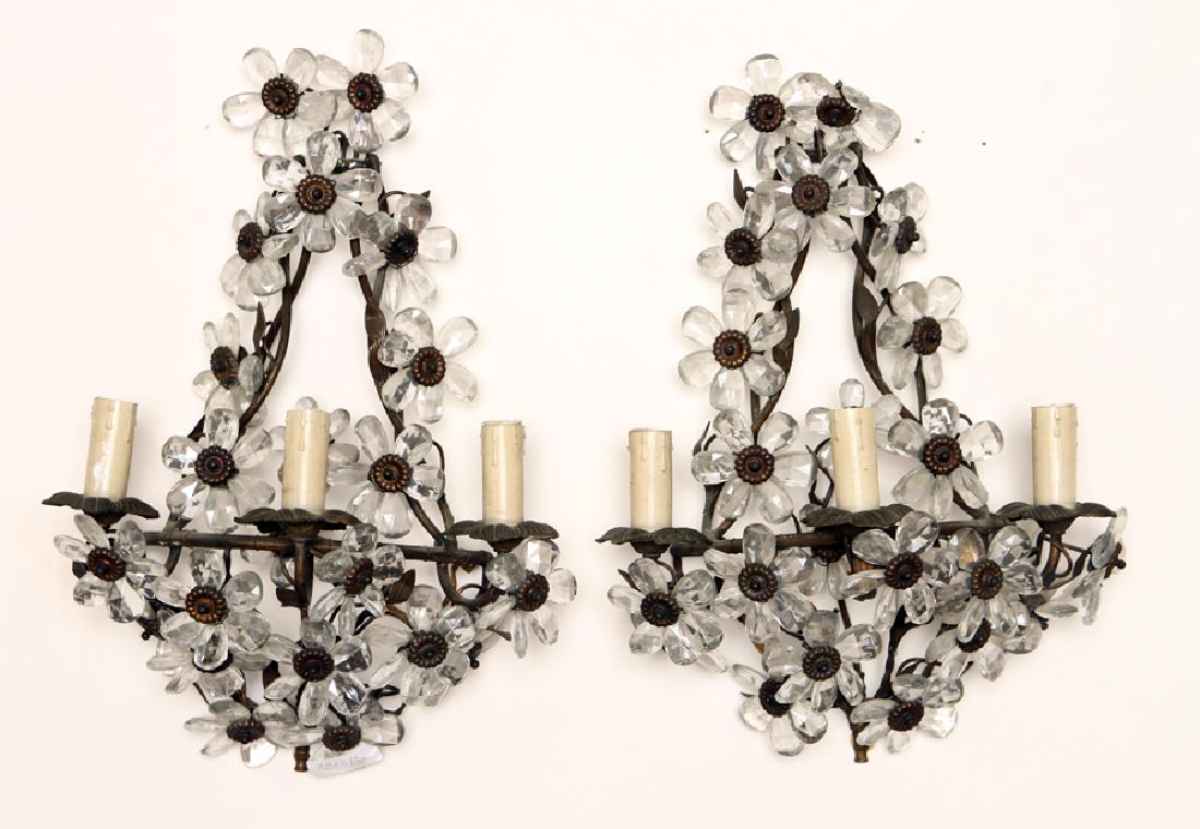 PAIR ITALIAN BRASS GLASS 3 ARM SCONCES C.1950: A pair of Italian brass and glass three arm sconces circa 1950. Ht: 18" Wd: 13"