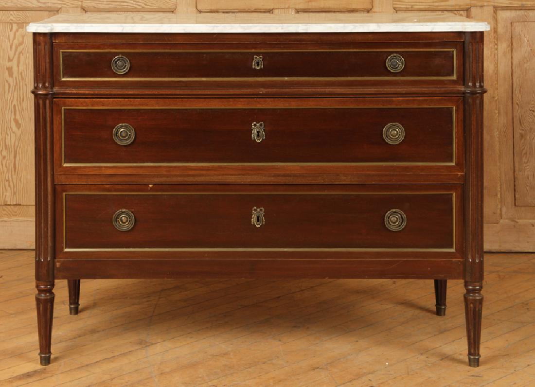 FRENCH LOUIS XVI MAHOGANY MARBLE TOP COMMODE 1940: A French Louis XVI mahogany marble top commode with brass mounts to ends of case and drawer fronts circa 1940. Ht: 33.5" Wd: 44.5" Dpth: 18.5"