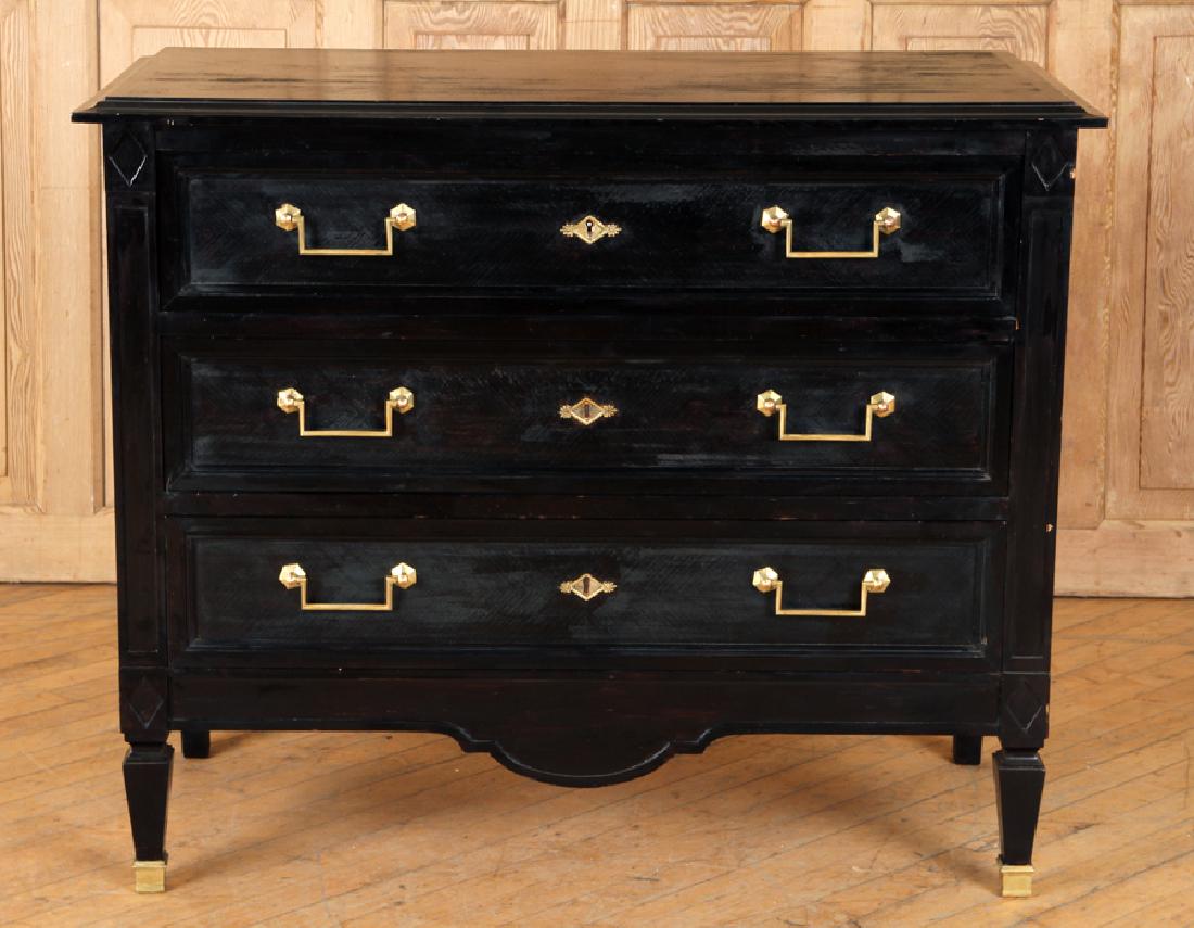 FRENCH LOUIS XVI STYLE BLACK LACQUERED COMMODE: A French Louis XVI style black lacquered commode having three drawers with brass hardware. Ht: 33" Wd: 39.5" Dpth: 19"