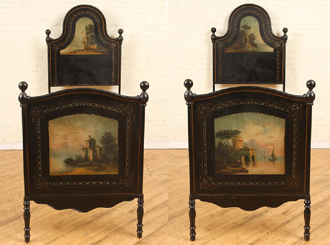 PAIR LATE 19TH C. POLYCHROME ABALONE SINGLE BEDS: A pair of late nineteenth century Continental polychrome and abalone inlaid single beds. Inner dimensions: 32.5" x 76" Ht: 69" Wd: 35" Dpth: 80"