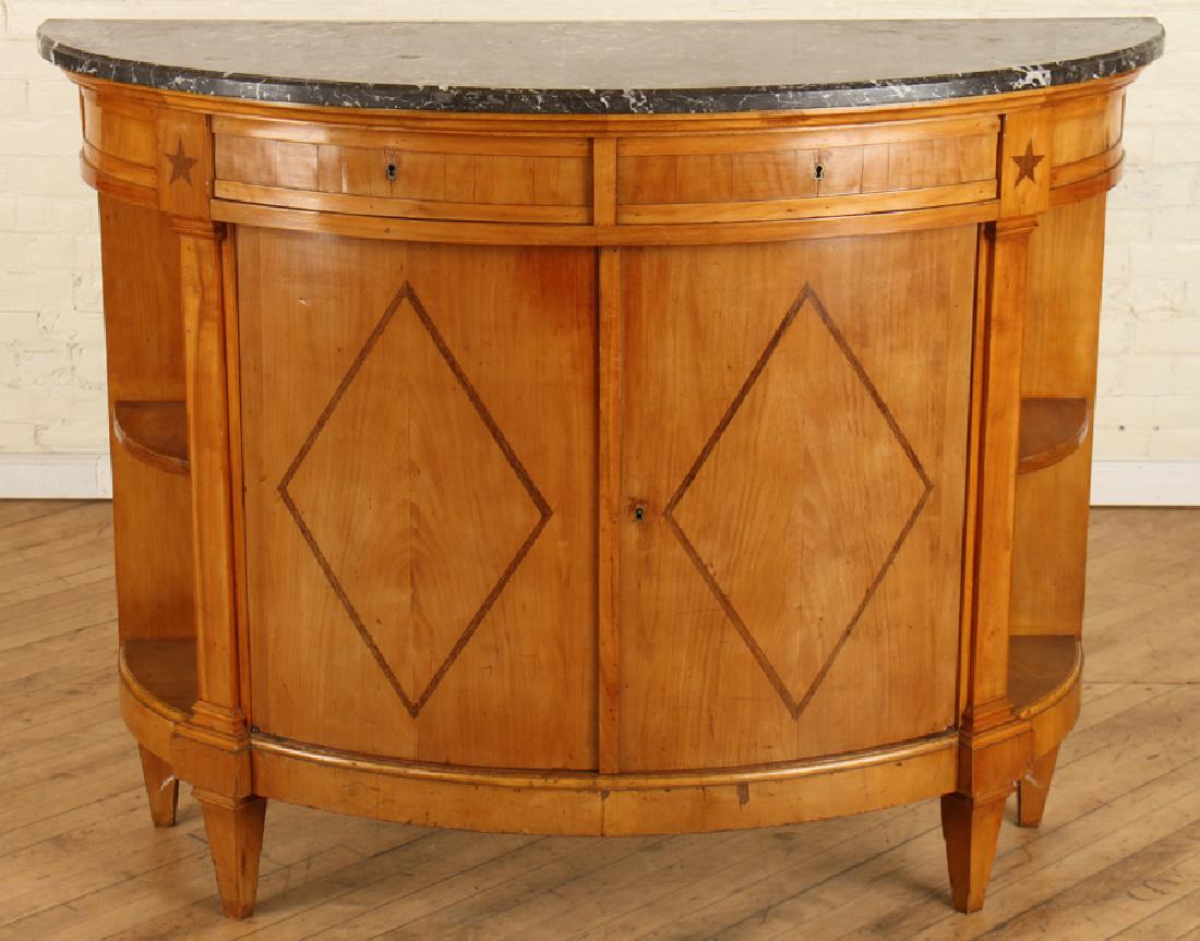 DIRECTOIRE STYLE MARBLE TOP SERVER C. 1920: A Directoire style marble top demilune light wood server circa 1920. Comprised of four drawers, two doors and two corner shelves having inlaid geometric and star designs. Ht: 43" Wd: 54" Dpth: 20"