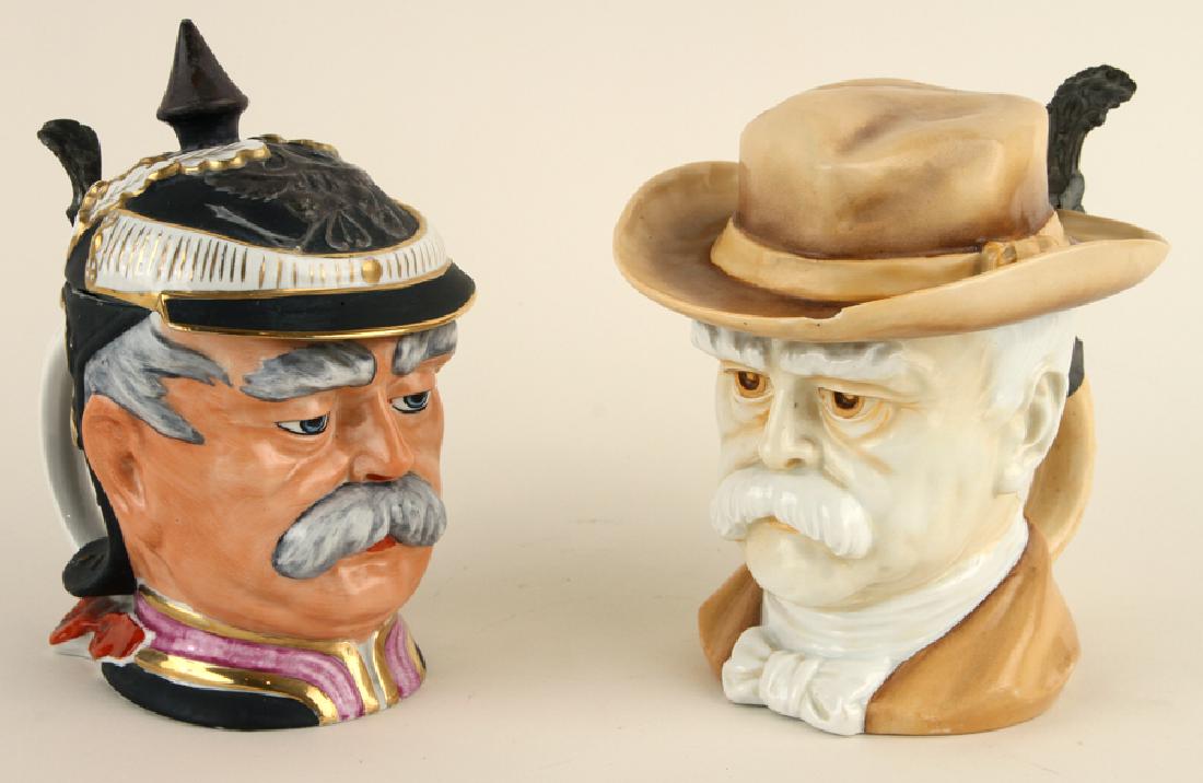 2 MARKED GERMAN SCHIERHOLZ PORCELAIN BEER STEINS: A lot of two German Schierholz porcelain character beer steins. To include: Bismarck Reproduction, #15, 0.5 liter Elderly Bismarck, 0.5 liter Both are marked.
