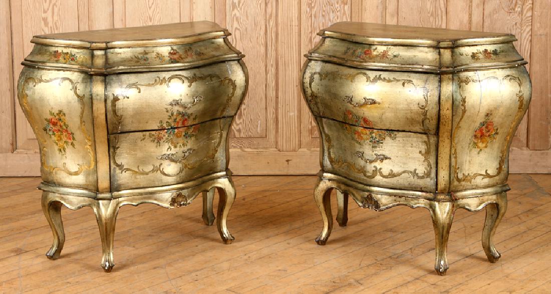 PAIR ITALIAN VENETIAN STYLE BOMBAY COMMODES C1950: A pair of Italian Venetian style bombay two drawer commodes circa 1950. Ht: 28" Wd: 29" Dpth: 27"