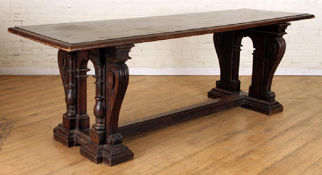 LATE 18TH C. RENAISSANCE STYLE TRESTLE TABLE: A late eighteenth century Renaissance style trestle table having central stretcher. Ht: 32" Wd: 90.5" Dpth: 30"