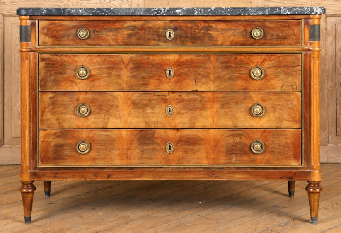LATE 19TH C. FRENCH MAHOGANY COMMODE MARBLE TOP: A late nineteenth century French mahogany Louis XVI style four drawer commode having a marble top and bronze mounts. Ht: 34" Wd: 49" Dpth: 19"