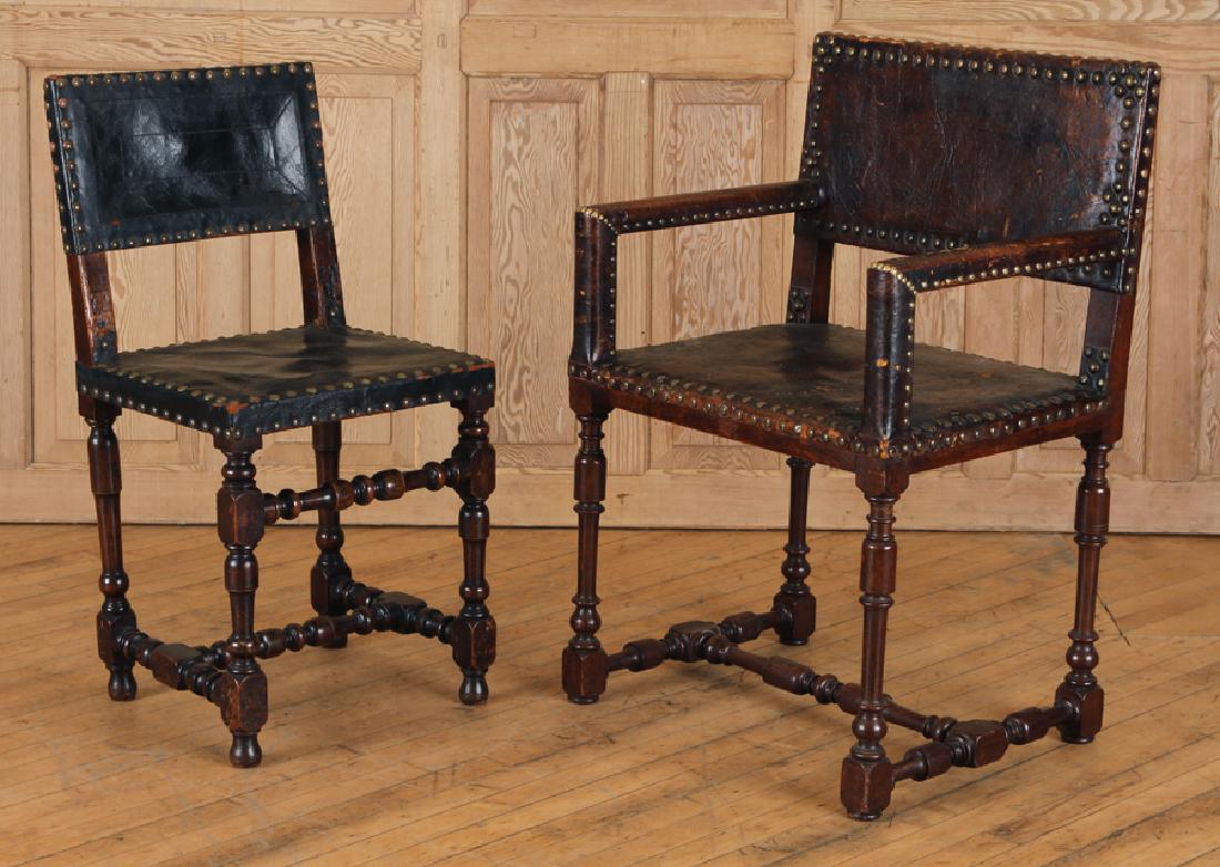 SET 2 FRENCH RENAISSANCE STYLE LEATHER CHAIRS: A set of two French Renaissance style chairs having leather back and seat with bronze nailhead decoration circa 1880. Larger chair: 38" x 24" x 19" Smaller chair: 36" x 18" x 15.5"