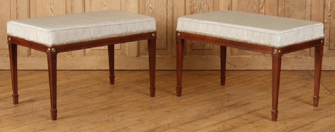 PAIR NEOCLASSICAL STYLE UPHOLSTERED BENCHES: A pair of Neoclassical style bronze mounted and upholstered benches. Ht: 20" Wd: 29.5" Dpth: 17.5"