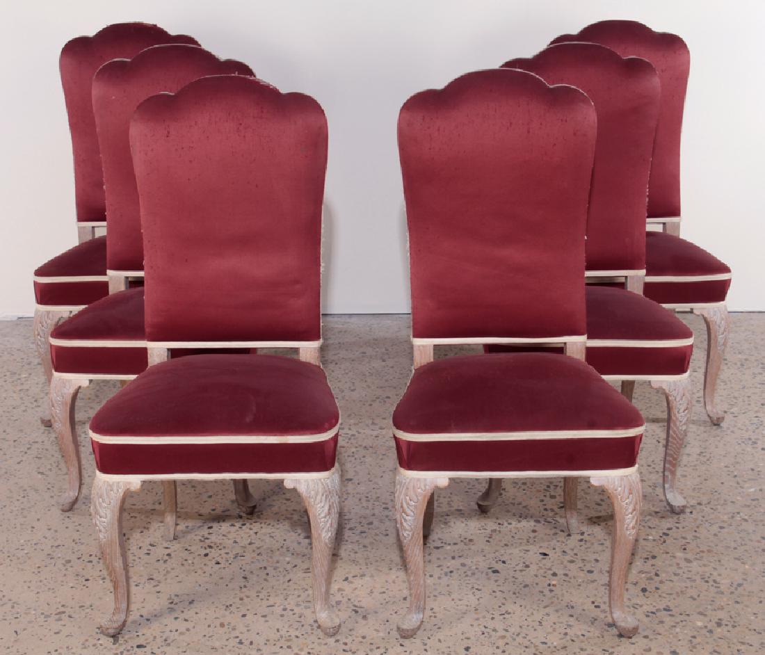 SET 6 FRENCH DINING CHAIRS CERUSED OAK C.1950: A set of six French upholstered dining chairs having carved cerused oak frames circa 1950. Ht: 43" Wd: 20" Dpth: 21" Seat: 20"