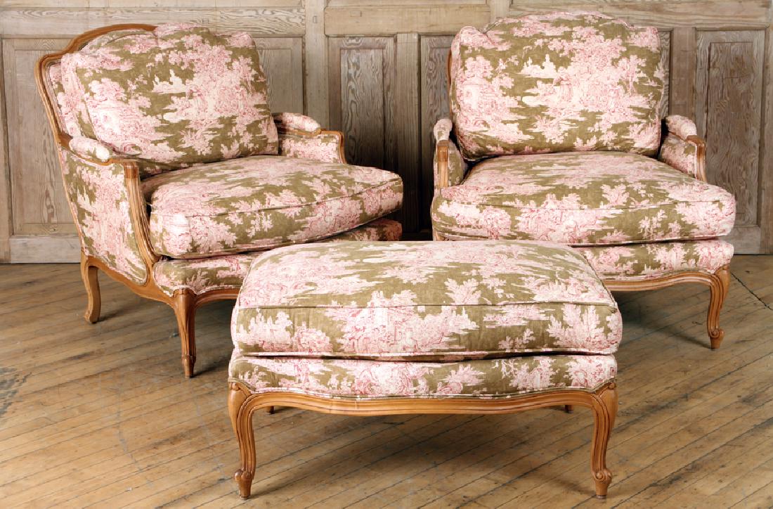 PAIR CLUB CHAIRS & OTTOMAN BY ETHAN ALLEN: A pair of Louis XV style upholstered club chairs along with matching ottoman by Ethan Allen. Ottoman: 17" x 32" x 21" Ht: 35" Wd: 32" Dpth: 32" Seat: 19"