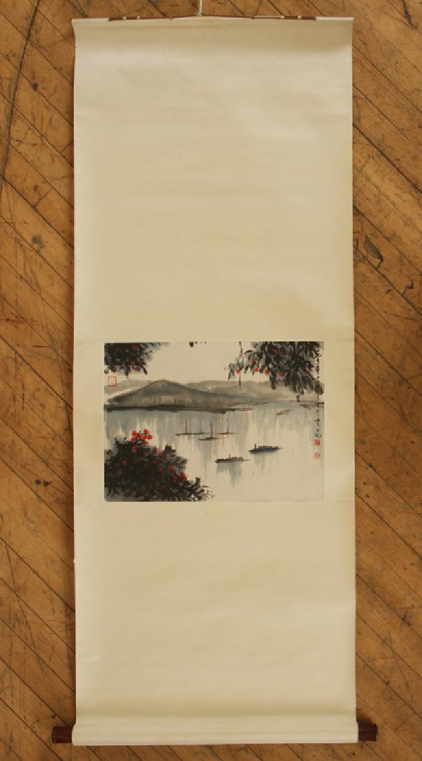 CHANG RAN CHINESE HAND PAINTED SCROLL LANDSCAPE: Chang Ran (Chinese, b.1960) A Chinese hand painted scroll depicting a seascape. Image size: 13" x 17.5" Ht: 58" Wd: 22.5" (overall)