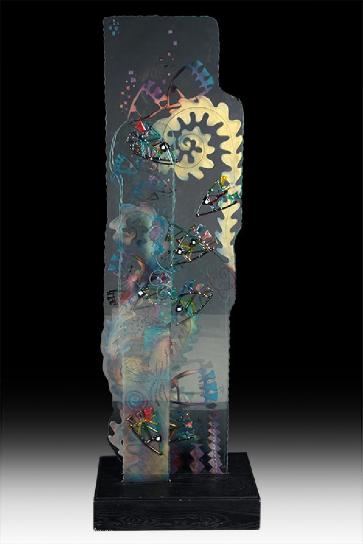CONTEMPORARY GLASS SCULPTURE SEA LIFE DECORATIONS: A contemporary glass sculpture having etched and multicolor applied sea life decorated vertical glass panels. Resting on ebonized wood base, signed indistinctly. Ht: 72" Wd: 24" Dpth: 16"