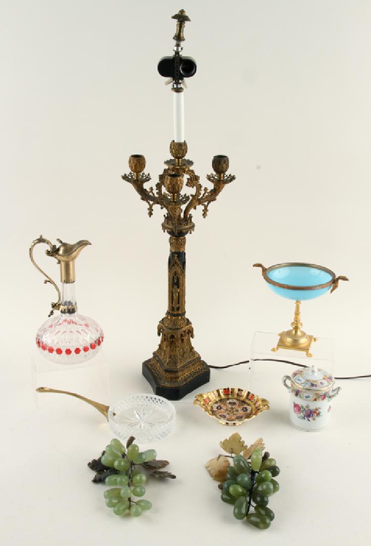 COLLECTION OF 8 TABLE ARTICLES PORCELAIN CRYSTAL: A collection of eight table articles including a lamp, porcelain, crystal and glass. Comprised of: A gilt metal two light table lamp in the Gothic style: 22" A crystal ewer: 11.25" An Italian opaline 