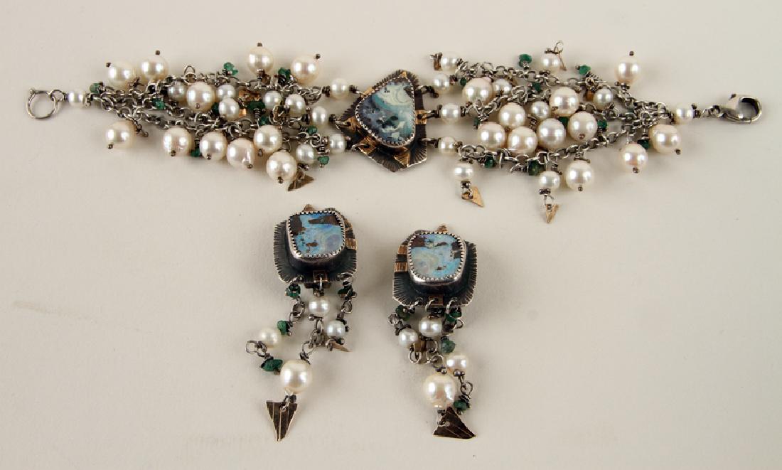 JULIE SHAW OPAL SILVER 14K & PEARL JEWERLY SIGNED: A collection of Julie Shaw opal, silver, fourteen karat and pearl jewelry including a bracelet with matching earrings. All pieces are signed.