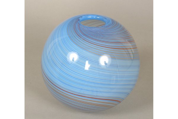 Blue & rust Murano ball vase attributed to Venini: A blue and rust Murano ball vase attributed to Venini. In a spiral pattern of fine blue and rust lines, polished pantil, no mark. Couple of slight abrasions near bottom. Ht: 7 Width: 7.5" ***PLEASE NO