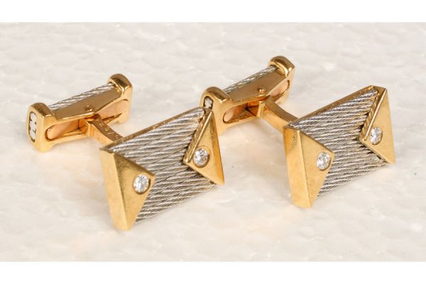 285C Mens 2tone 18k gold cuff links steel wire look 