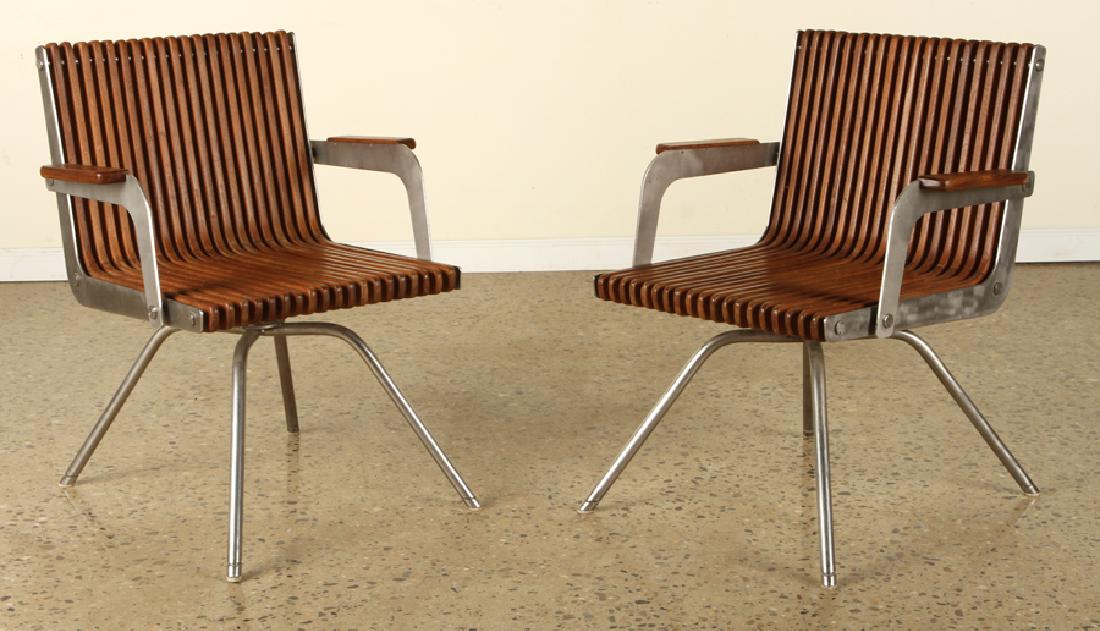 UNUSUAL PAIR TEAK AND STEEL SLATTED ARMCHAIRS (1 of 6)