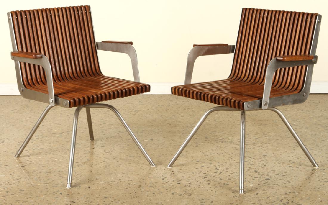 UNUSUAL PAIR TEAK AND STEEL SLATTED ARM CHAIRS (1 of 6)