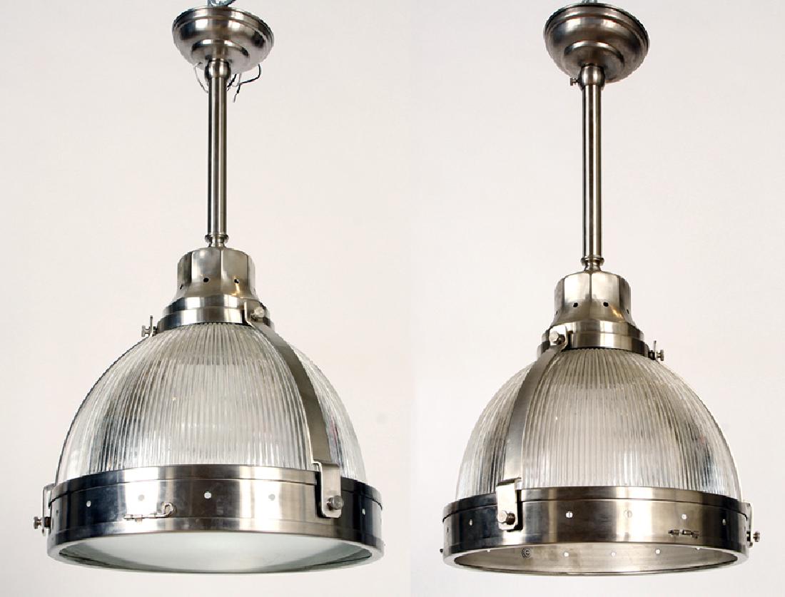 PAIR STEEL AND GLASS HANGING INDUSTRIAL LIGHTS (1 of 6)