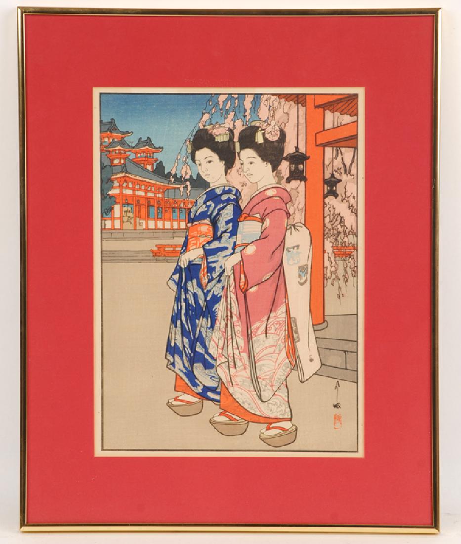 HIROSHI YOSHIDA COLOR WOODBLOCK SISTERS SIGNED: Hiroshi Yoshida (Japanese, 1876-1950) A color woodblock depicting two sisters, signed lower right. Ht: 19.5" Wd: 15.75" (framed)
