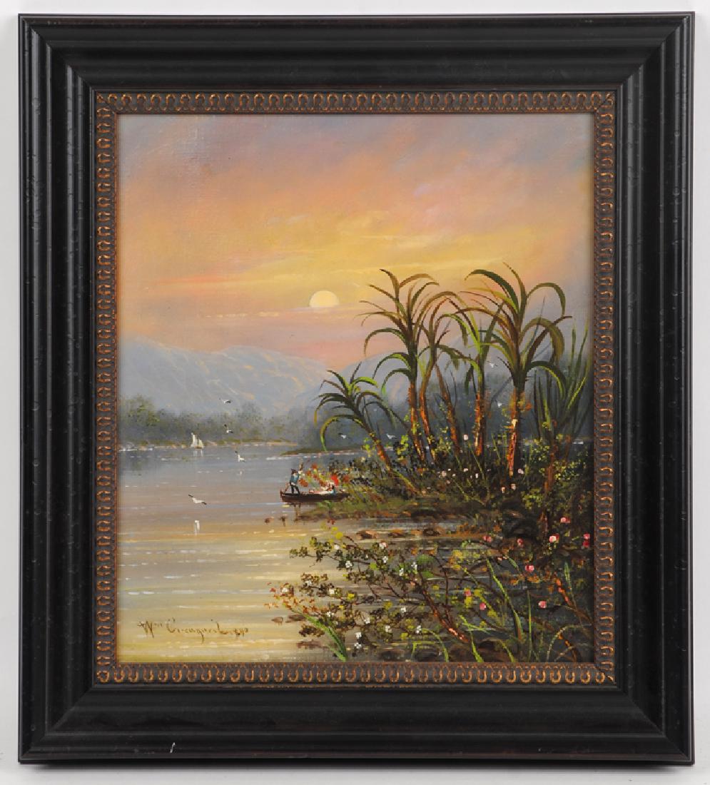 WILLIAM CREAQUILE "BOATS AT SUNSET" OIL ON CANVAS: William Creaquile (19th century) "Boats at Sunset", oil on canvas, signed lower left and dated 1890. Image size: 14" x 12" Ht: 18" Wd: 16.25" (framed)